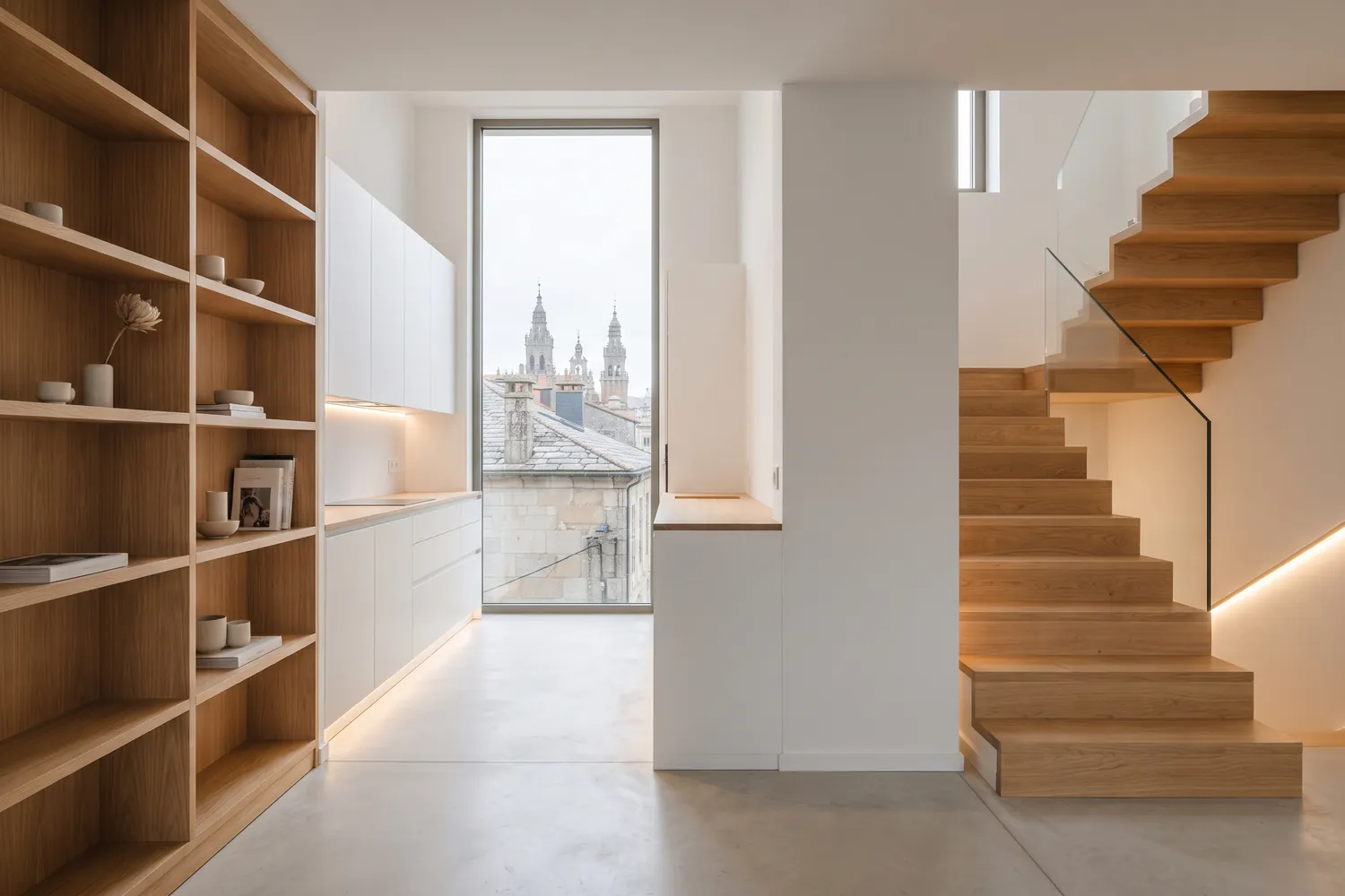 Vivienda con estantería, cocina y escalera de madera a medida