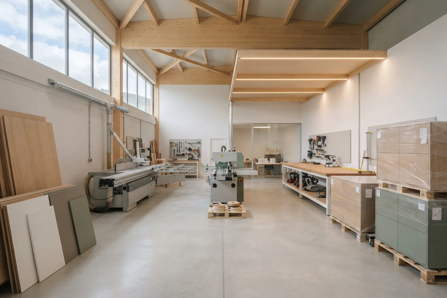 Taller de carpintería con maquinaria y muebles embalados